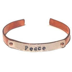 Handmade stamped Peace sterling silver tag & copper adjustable cuff bracelet‎